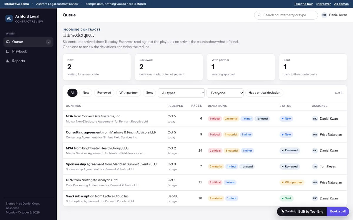 Contract Review Against a Playbook demo screen