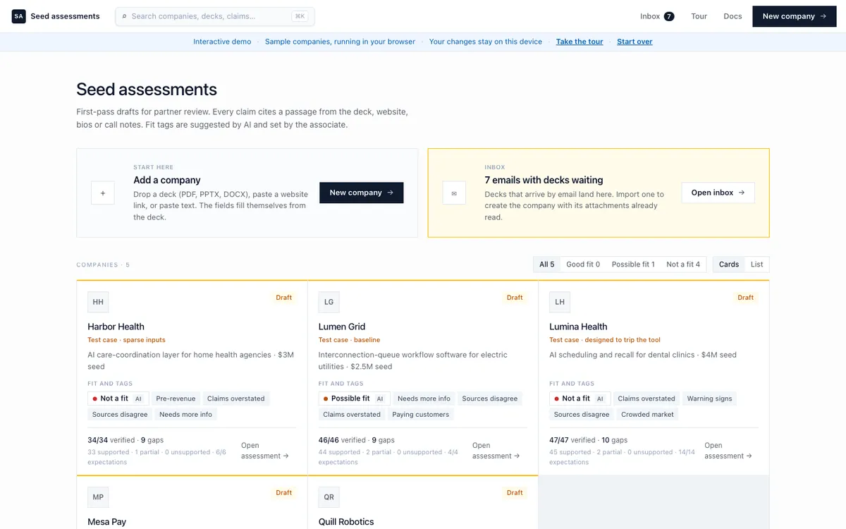 VC Deal Screener demo screen