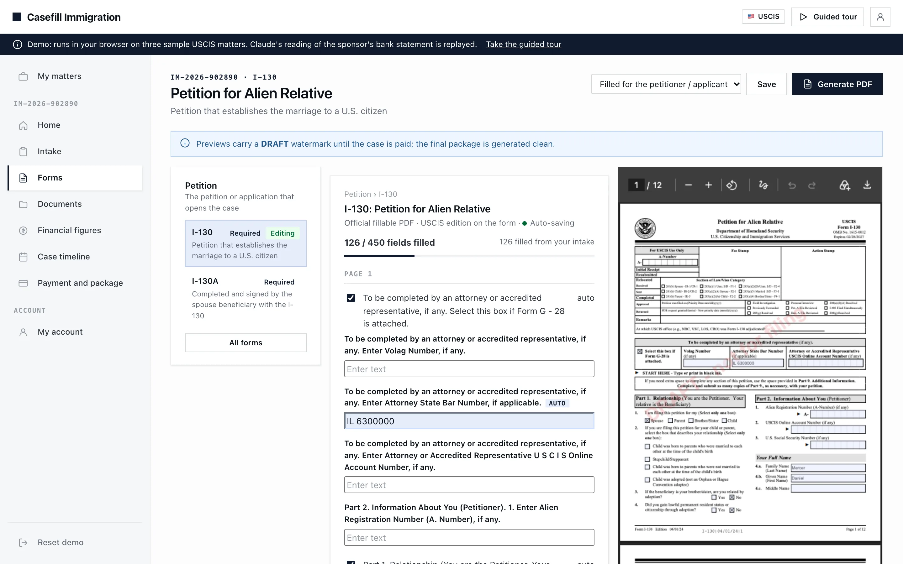 The form editor: an official PDF with its fields filled from the intake and the document previewed beside the fields