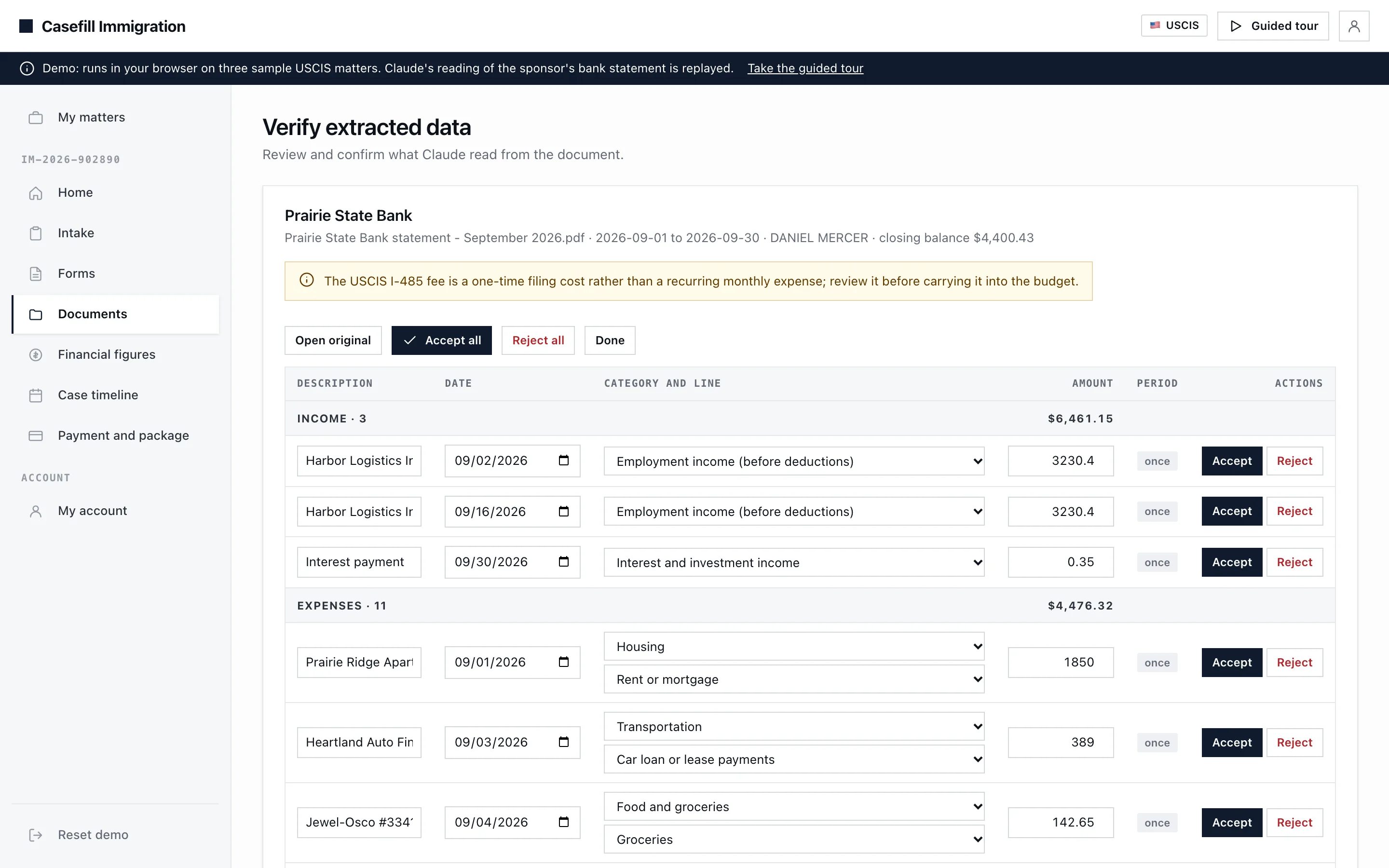 The review screen: every transaction Claude read from a bank statement, with its category and accept or reject buttons