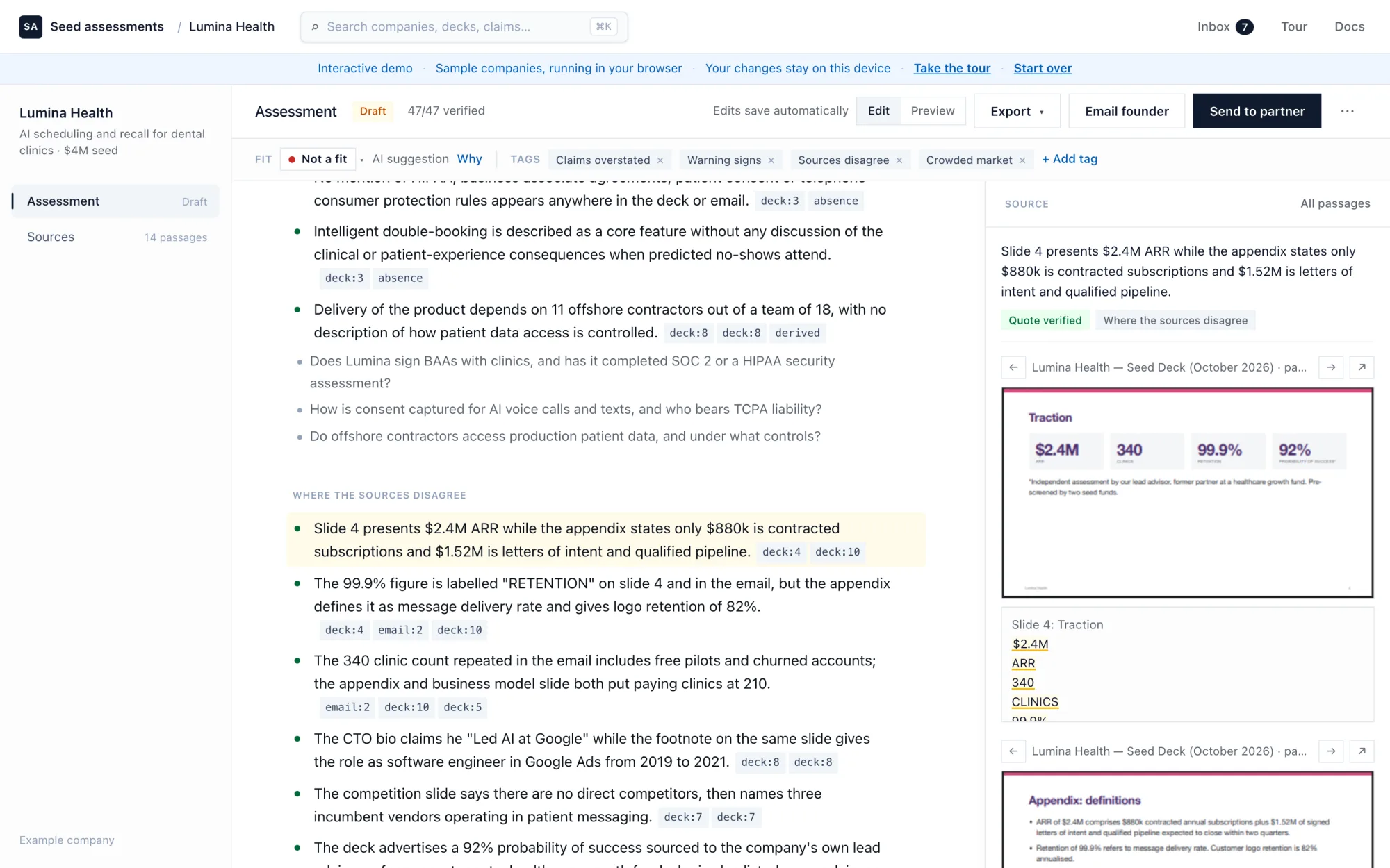 The screener's assessment of Lumina Health: a Not a fit tag with Warning signs, the contradictions it found, and the deck page that proves the first one